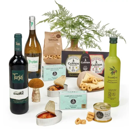 Cesta de Navidad gourmet con vinos Tarsus y Protos, quesos artesanos y conservas premium – Cucadas Mara Valencia