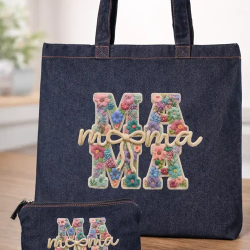 Pack de bolso vaquero y neceser para mamá con diseño floral