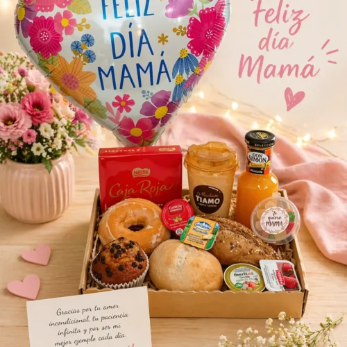 Desayuno Día de la Madre Encanto con globo decorativo, café, zumo, bombones y bollería