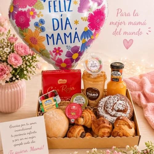 Desayuno Día de la Madre Ilusión con globo decorativo, café, zumo, bombones y bollería variada